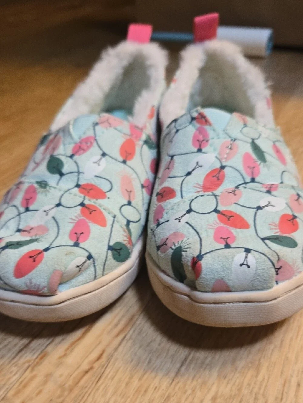 Toms Kids Light Blue String Lights Faux-Fur Slip-Ons with Pink & Red Accents